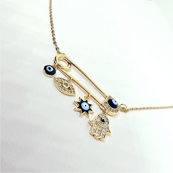18k Gold Boho Evil Eye Safety Pin
Pendant Necklace - Picture 3 of 5